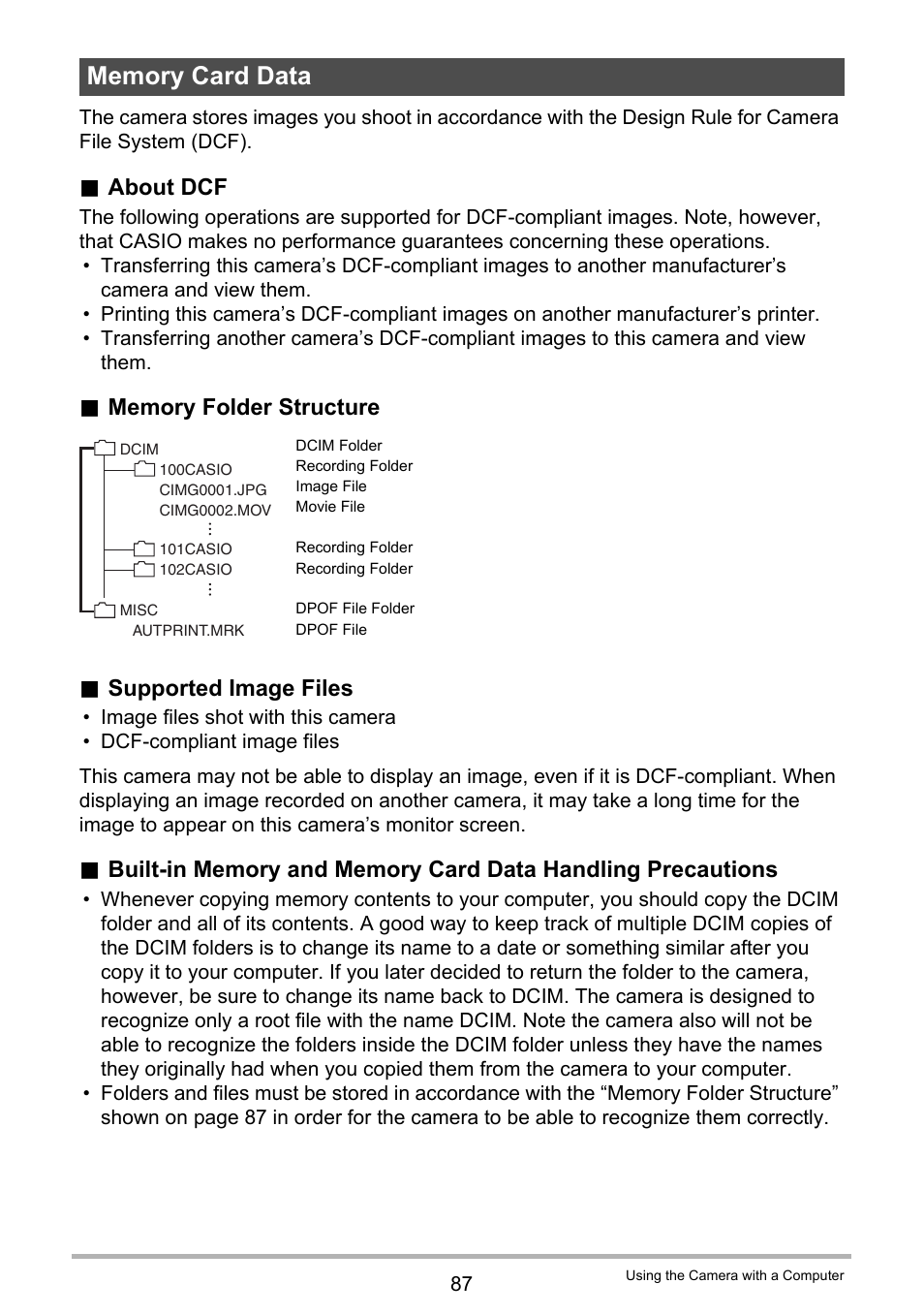 Memory card data, About dcf, Supported image files | Casio EX-MR1 User Manual | Page 87 / 126