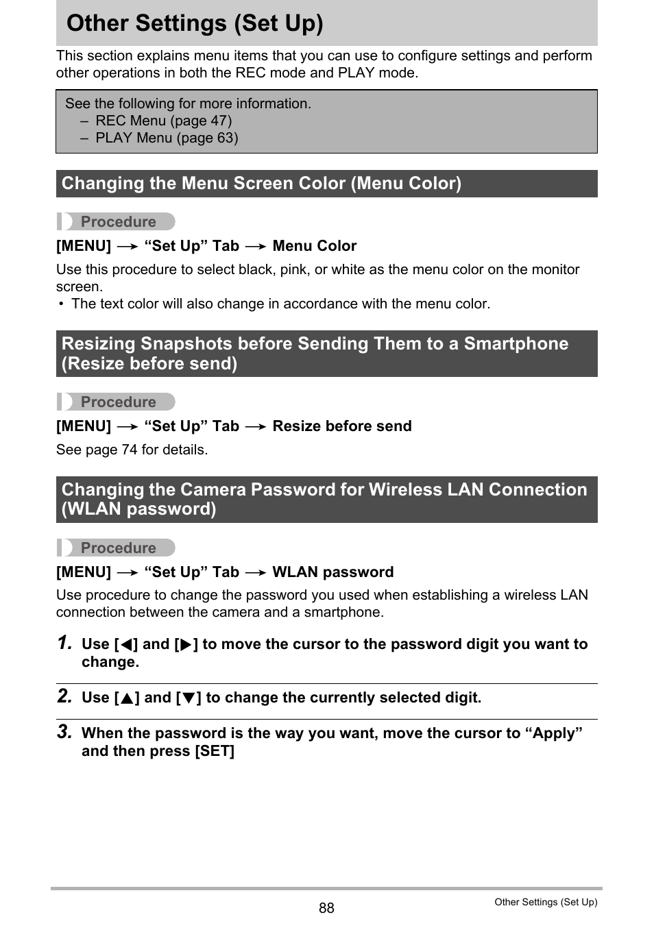 Other settings (set up), Changing the menu screen color (menu color), Other settings | Set up) 88 | Casio EX-MR1 User Manual | Page 88 / 126