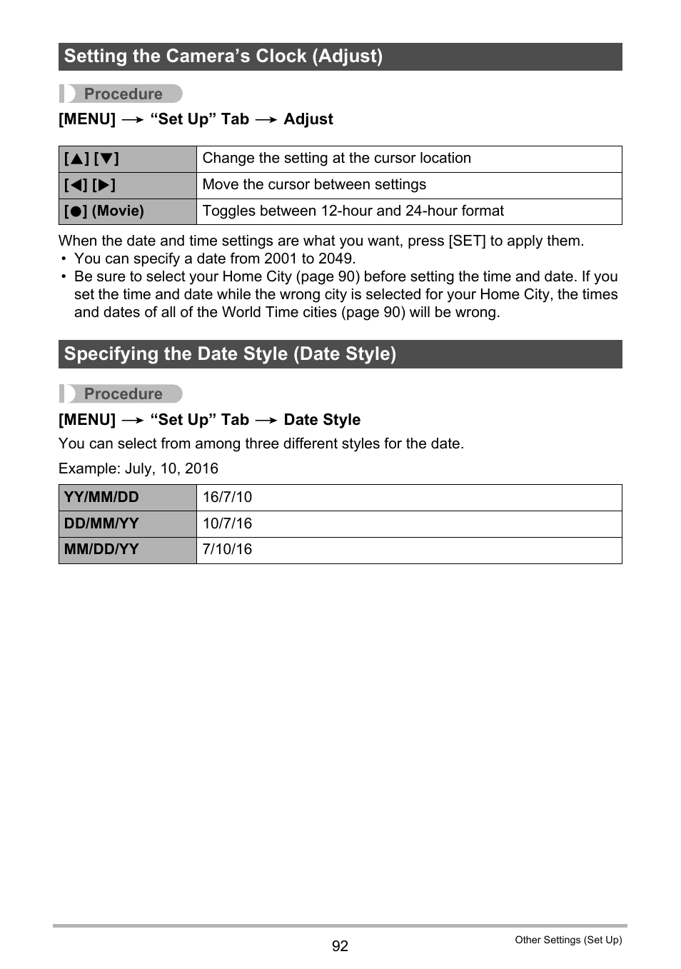 Setting the camera’s clock (adjust), Specifying the date style (date style) | Casio EX-MR1 User Manual | Page 92 / 126