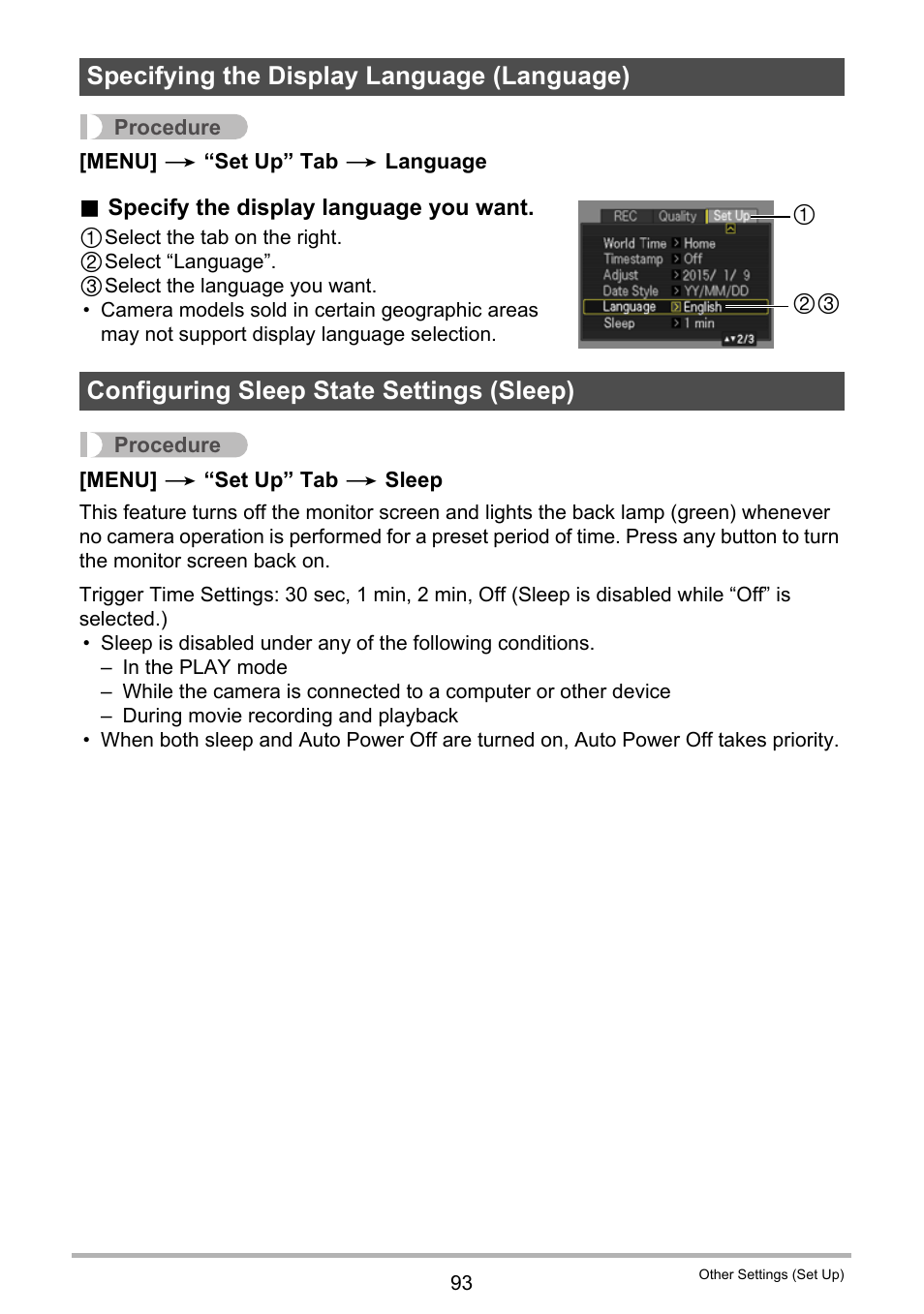 Specifying the display language (language), Configuring sleep state settings (sleep) | Casio EX-MR1 User Manual | Page 93 / 126