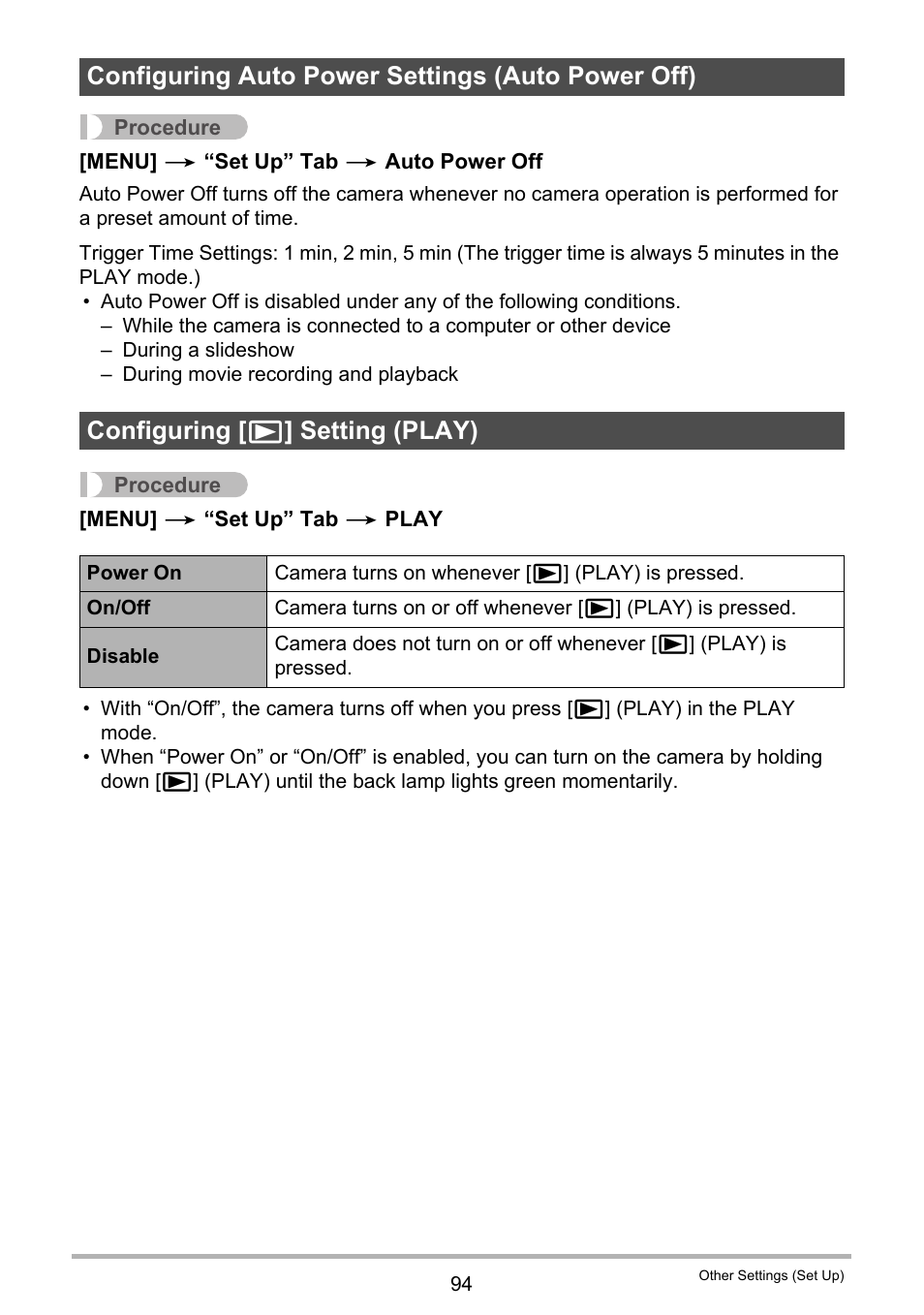 Configuring auto power settings (auto power off), Configuring [>] setting (play) | Casio EX-MR1 User Manual | Page 94 / 126