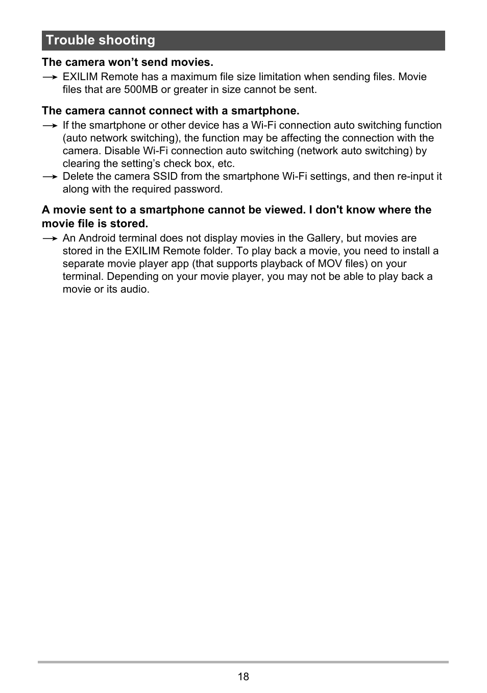 Trouble shooting | Casio EXILIM Remote 3.0 User Manual | Page 18 / 20