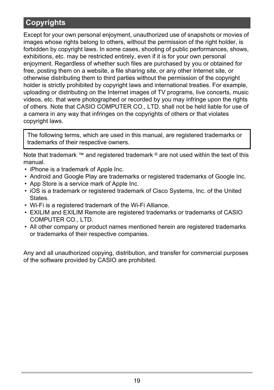 Copyrights | Casio EXILIM Remote 3.0 User Manual | Page 19 / 20