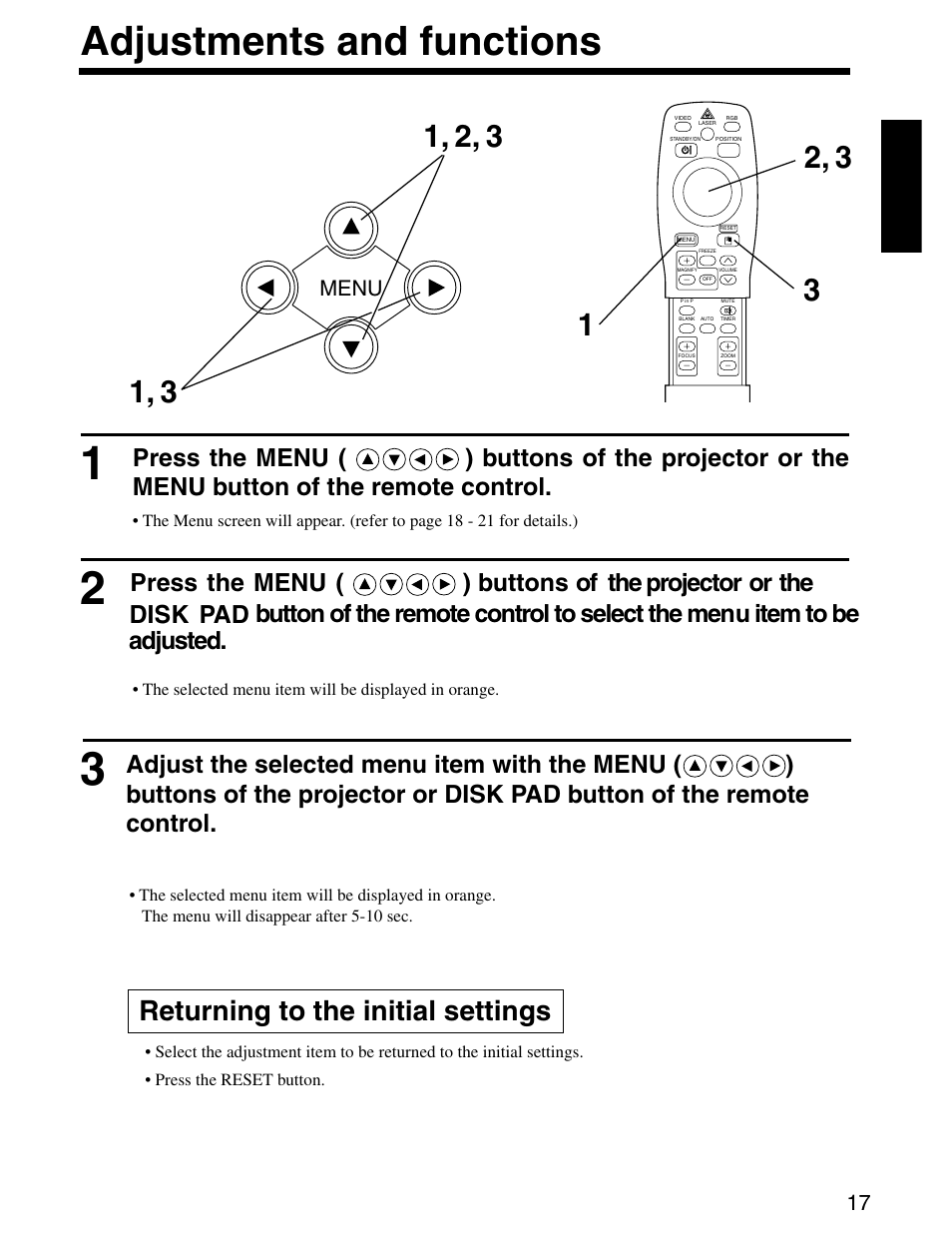 Adjustments and functions, Returning to the initial settings | Dukane 28A8800 User Manual | Page 19 / 38
