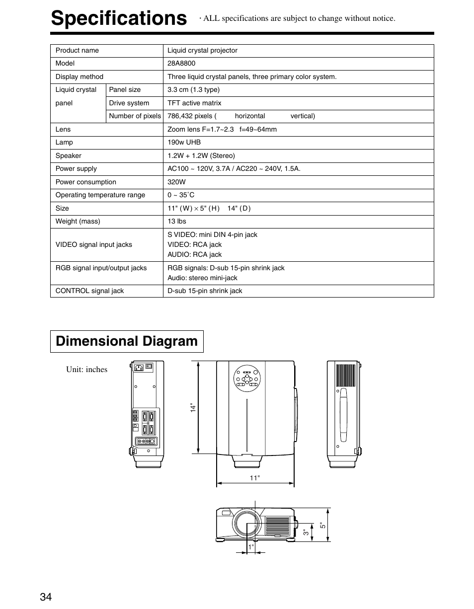 Specifications, Dimensional diagram | Dukane 28A8800 User Manual | Page 36 / 38
