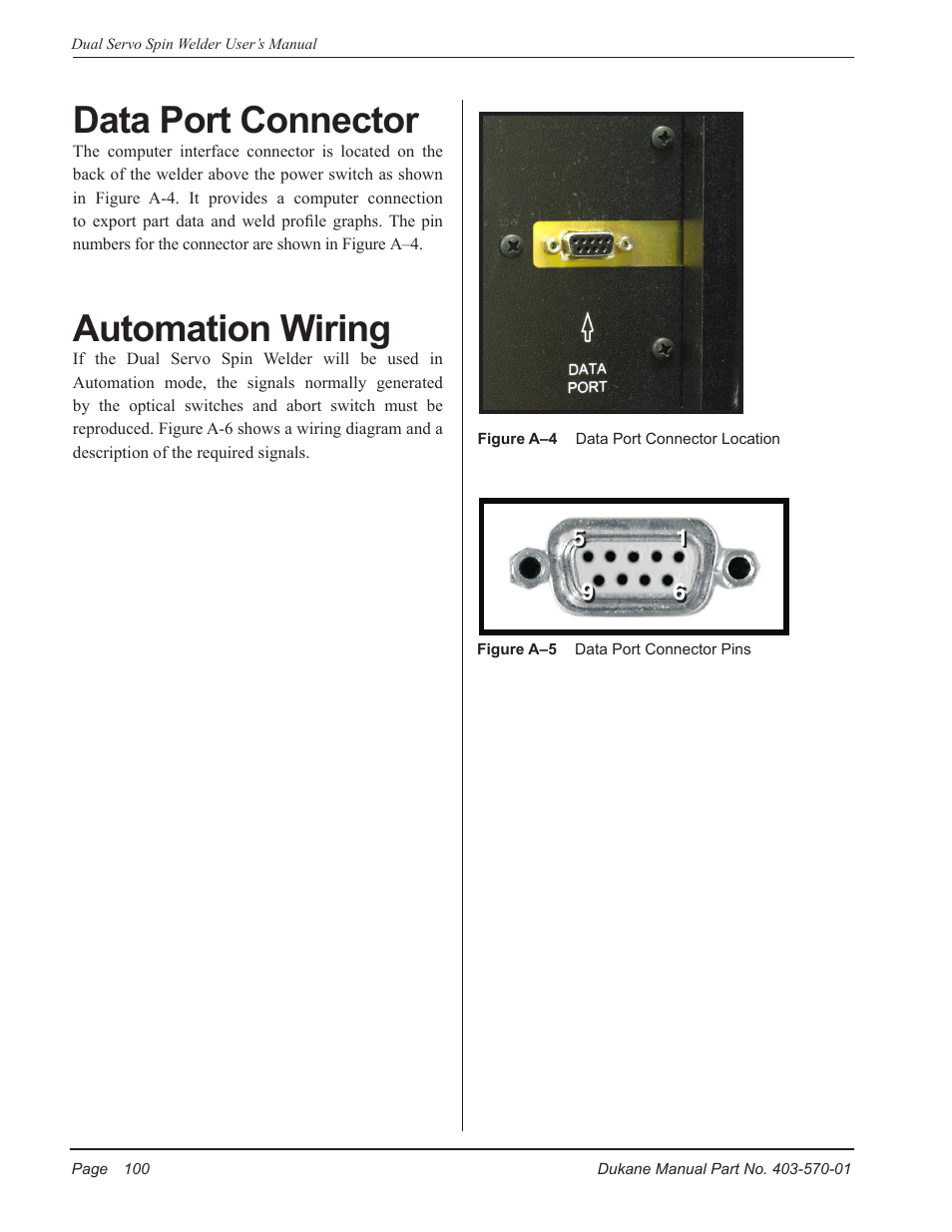 Data port connector, Automation wiring | Dukane Dual Servo Spin Welder 403570-01 User Manual | Page 106 / 118