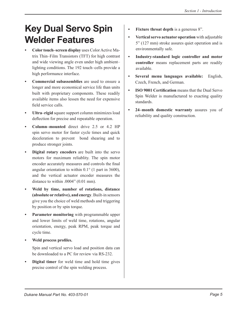 Key dual servo spin welder features | Dukane Dual Servo Spin Welder 403570-01 User Manual | Page 11 / 118