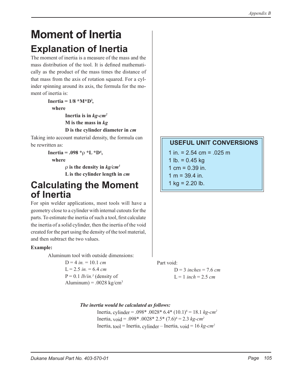 Moment of inertia, Explanation of inertia, Calculating the moment of inertia | Dukane Dual Servo Spin Welder 403570-01 User Manual | Page 111 / 118