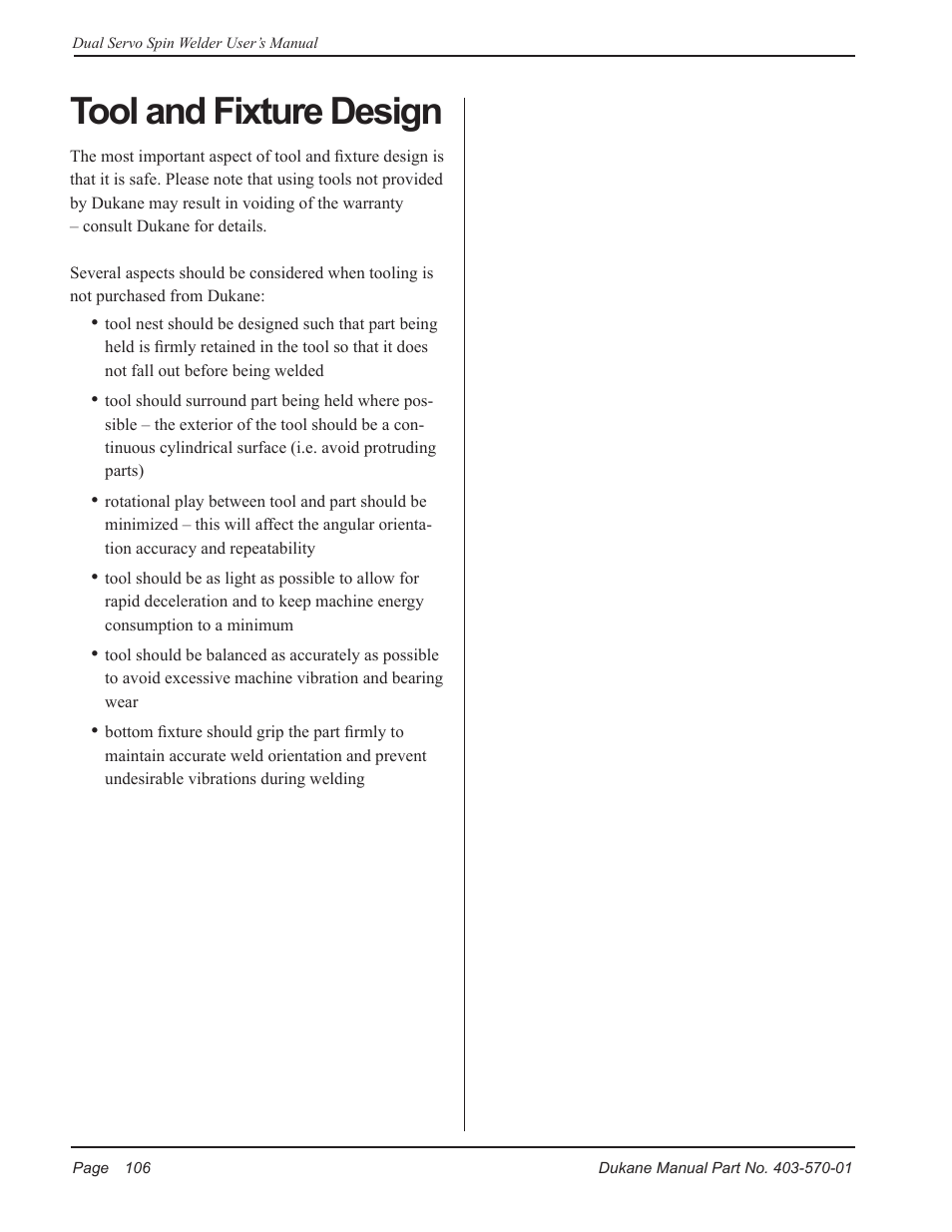 Tool and fixture design | Dukane Dual Servo Spin Welder 403570-01 User Manual | Page 112 / 118