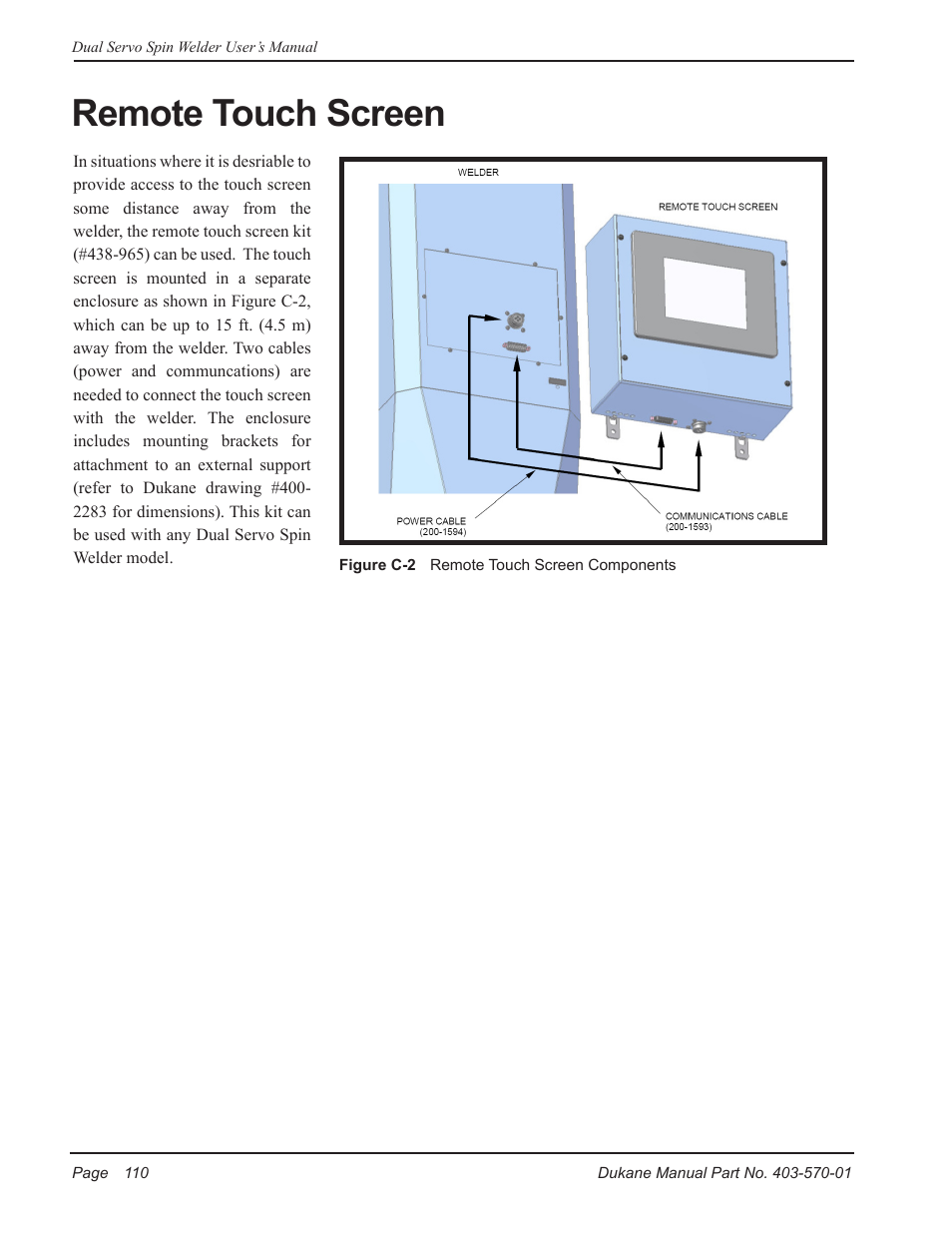 Remote touch screen | Dukane Dual Servo Spin Welder 403570-01 User Manual | Page 116 / 118