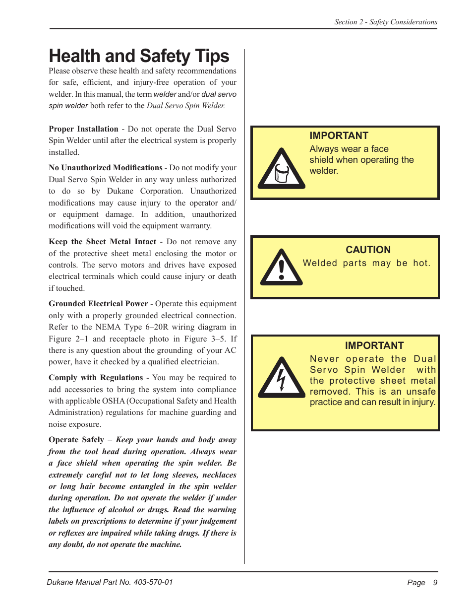 Health and safety tips | Dukane Dual Servo Spin Welder 403570-01 User Manual | Page 15 / 118