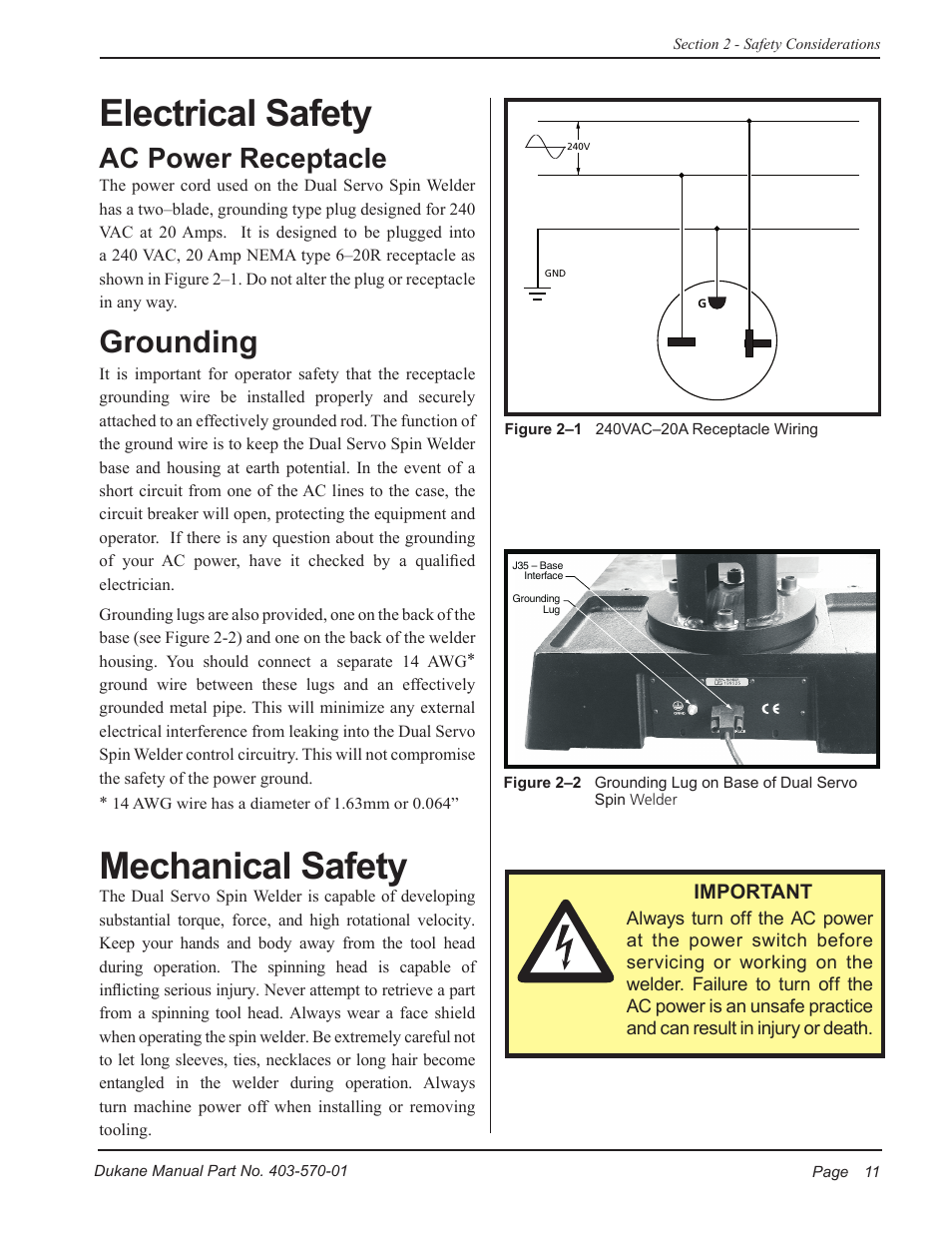 Electrical safety, Mechanical safety, Grounding | Ac power receptacle | Dukane Dual Servo Spin Welder 403570-01 User Manual | Page 17 / 118