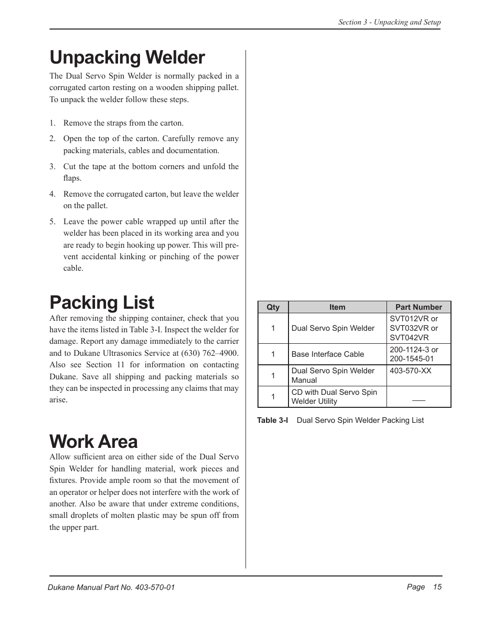 Unpacking welder, Packing list, Work area | Dukane Dual Servo Spin Welder 403570-01 User Manual | Page 21 / 118