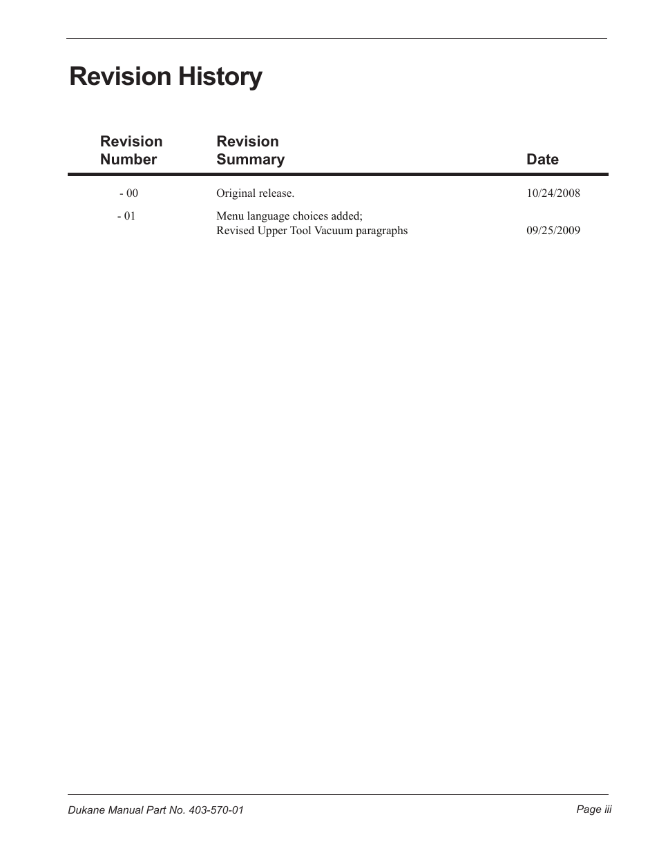 Revision history | Dukane Dual Servo Spin Welder 403570-01 User Manual | Page 3 / 118
