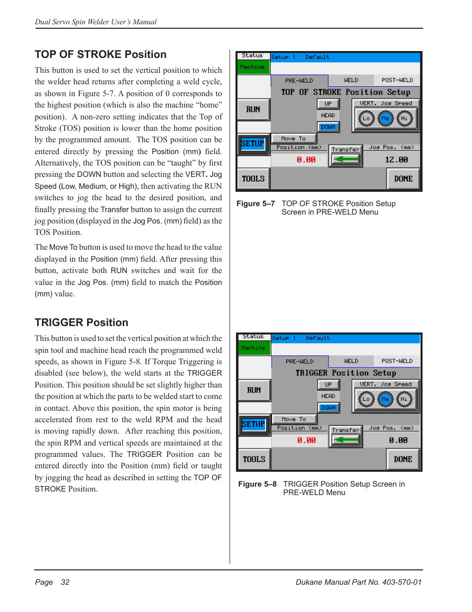 Top of stroke position, Trigger position | Dukane Dual Servo Spin Welder 403570-01 User Manual | Page 38 / 118