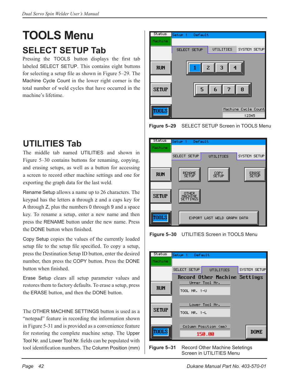 Tools menu, Select setup tab, Utilities tab | Dukane Dual Servo Spin Welder 403570-01 User Manual | Page 48 / 118
