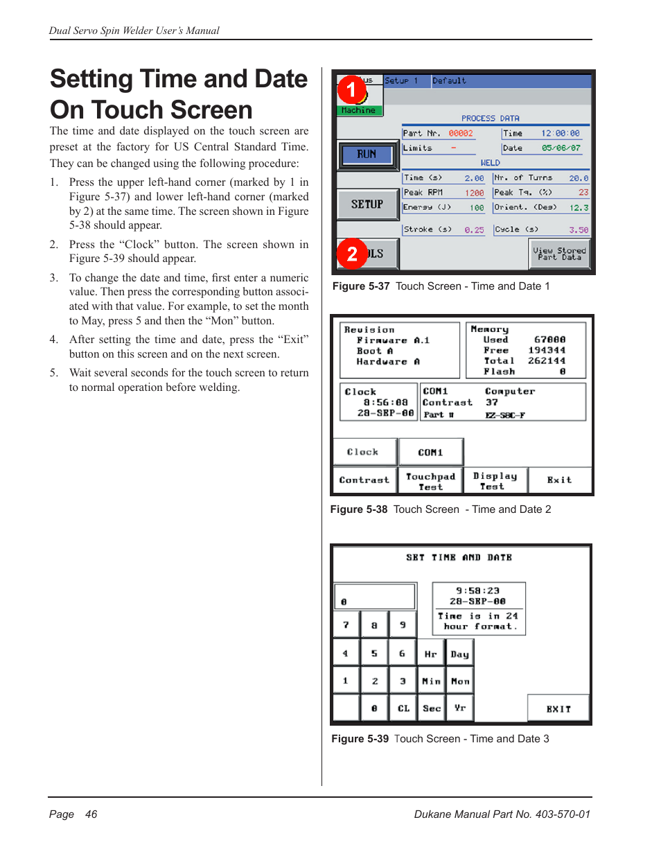 Setting time and date on touch screen | Dukane Dual Servo Spin Welder 403570-01 User Manual | Page 52 / 118