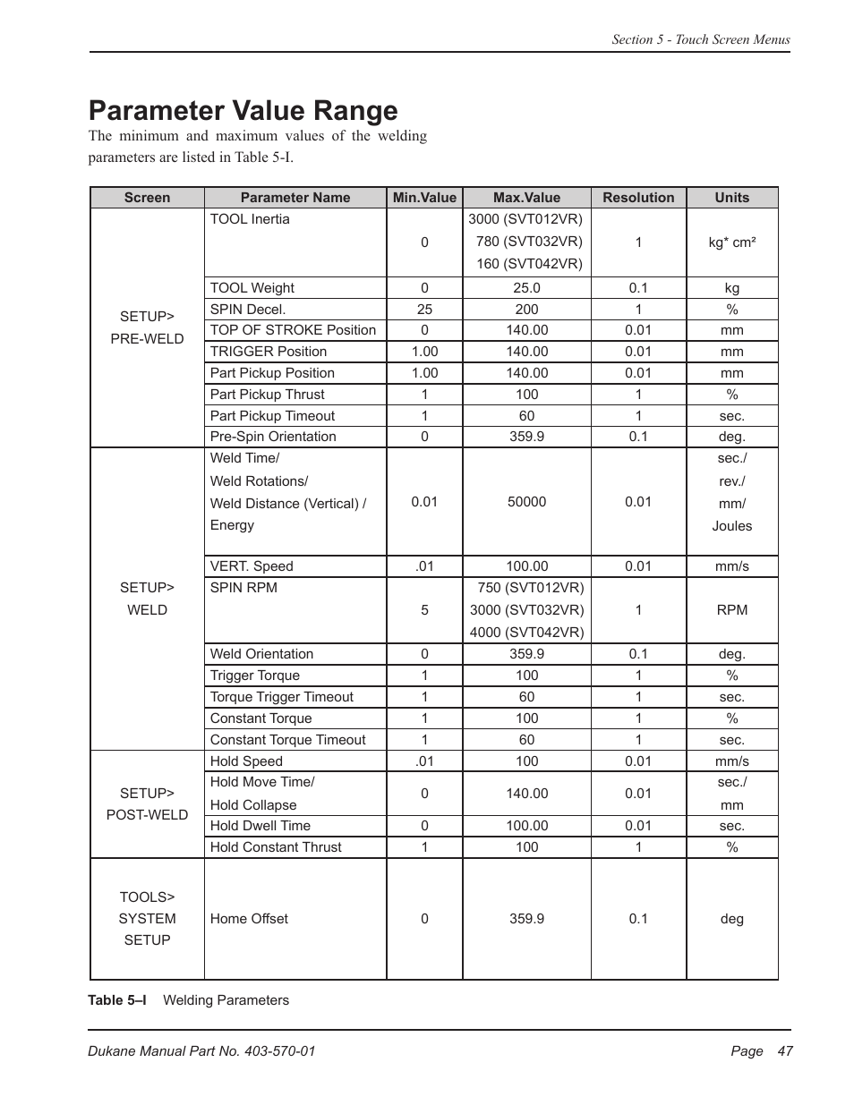 Parameter value range | Dukane Dual Servo Spin Welder 403570-01 User Manual | Page 53 / 118
