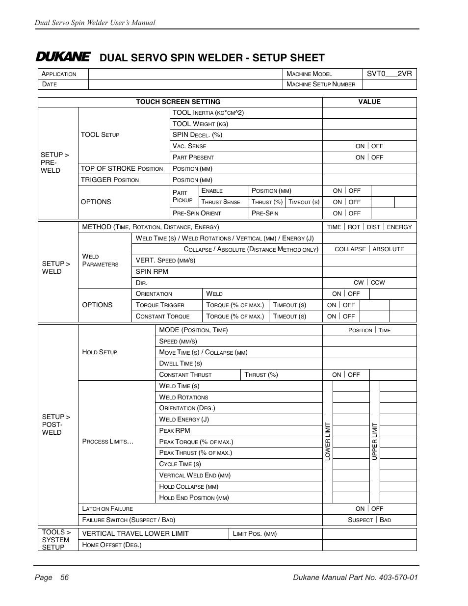 Dual servo spin welder - setup sheet | Dukane Dual Servo Spin Welder 403570-01 User Manual | Page 62 / 118