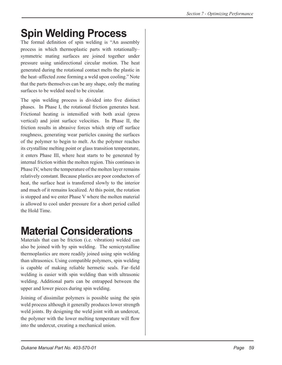 Spin welding process, Material considerations | Dukane Dual Servo Spin Welder 403570-01 User Manual | Page 65 / 118