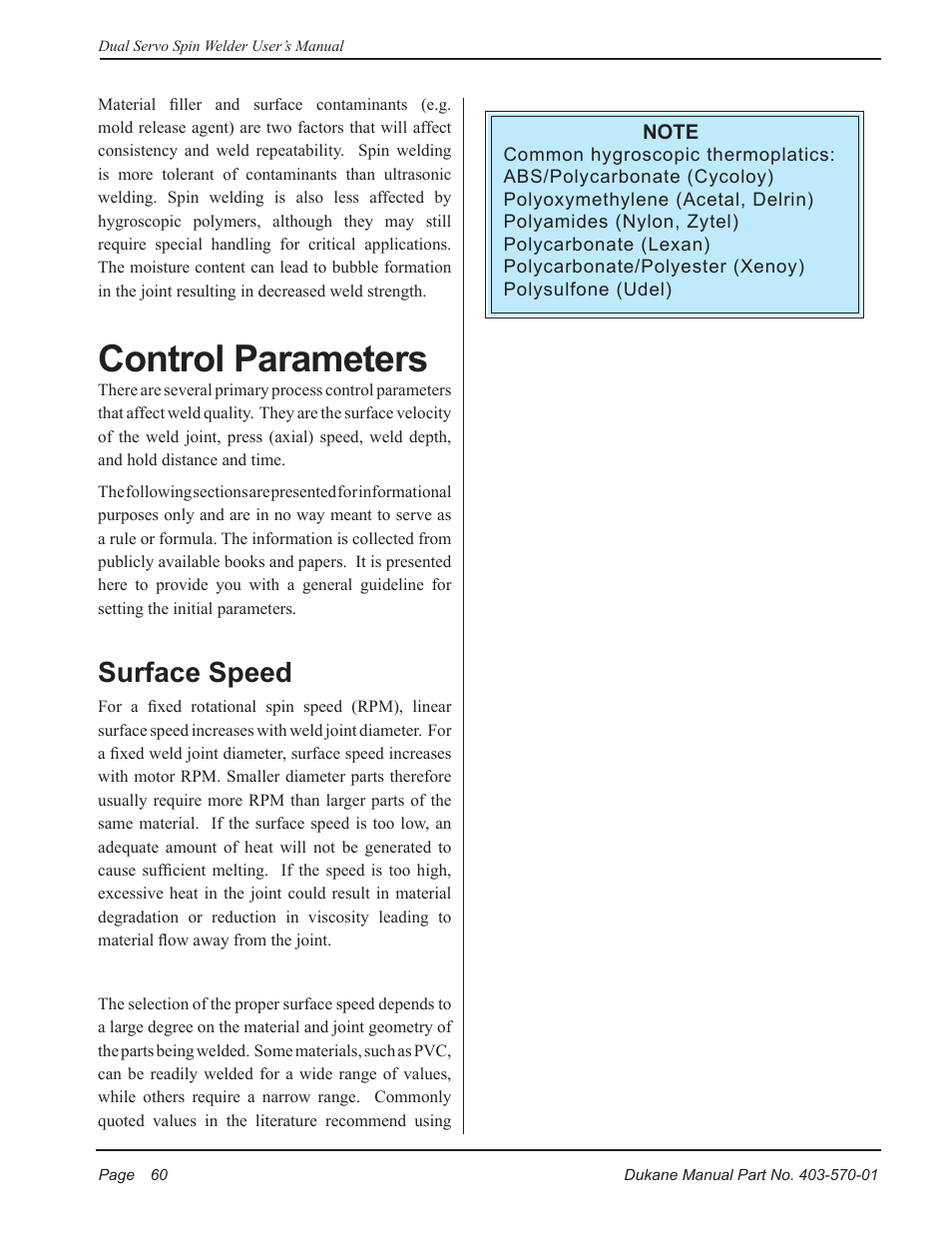 Control parameters, Surface speed | Dukane Dual Servo Spin Welder 403570-01 User Manual | Page 66 / 118