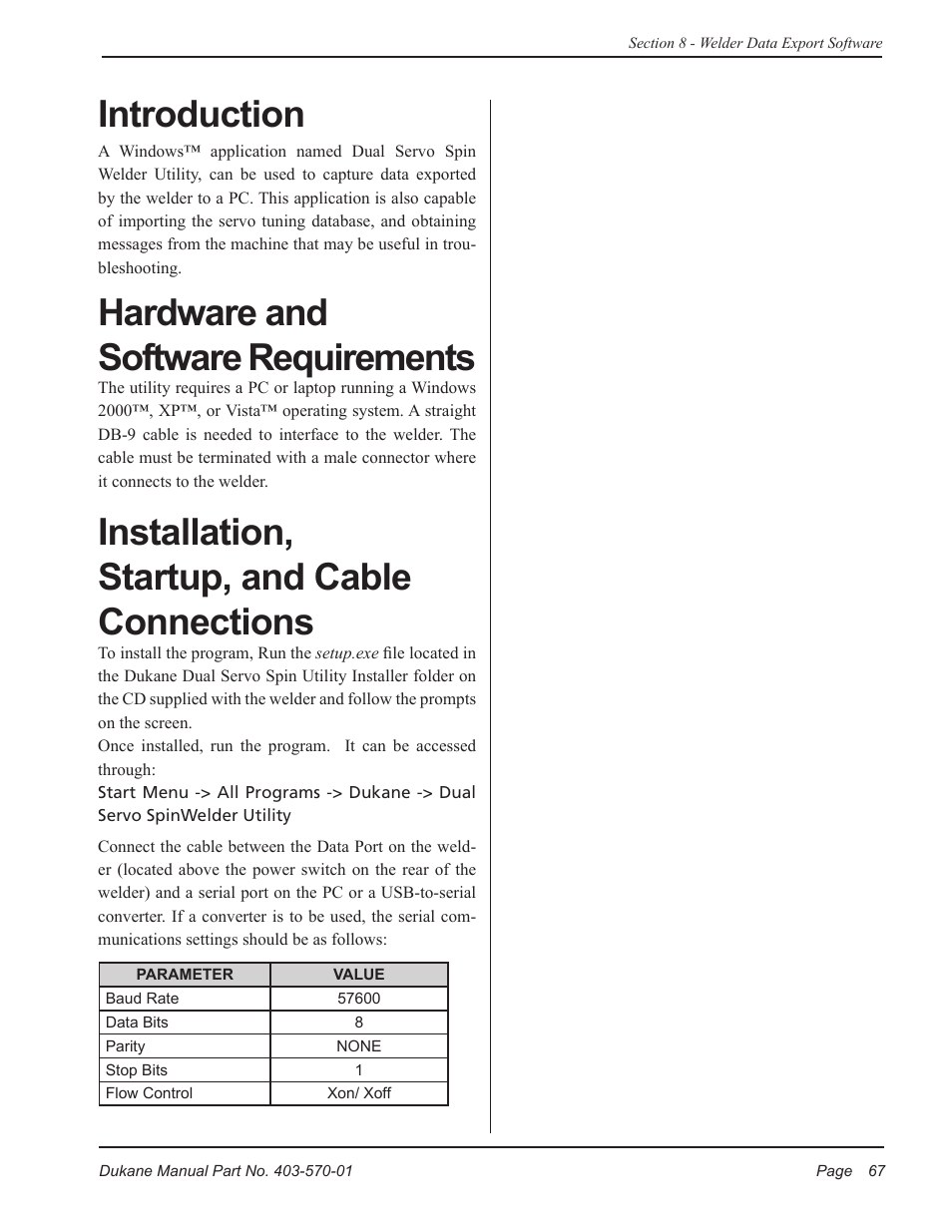 Introduction, Hardware and software requirements, Installation, startup, and cable connections | Dukane Dual Servo Spin Welder 403570-01 User Manual | Page 73 / 118