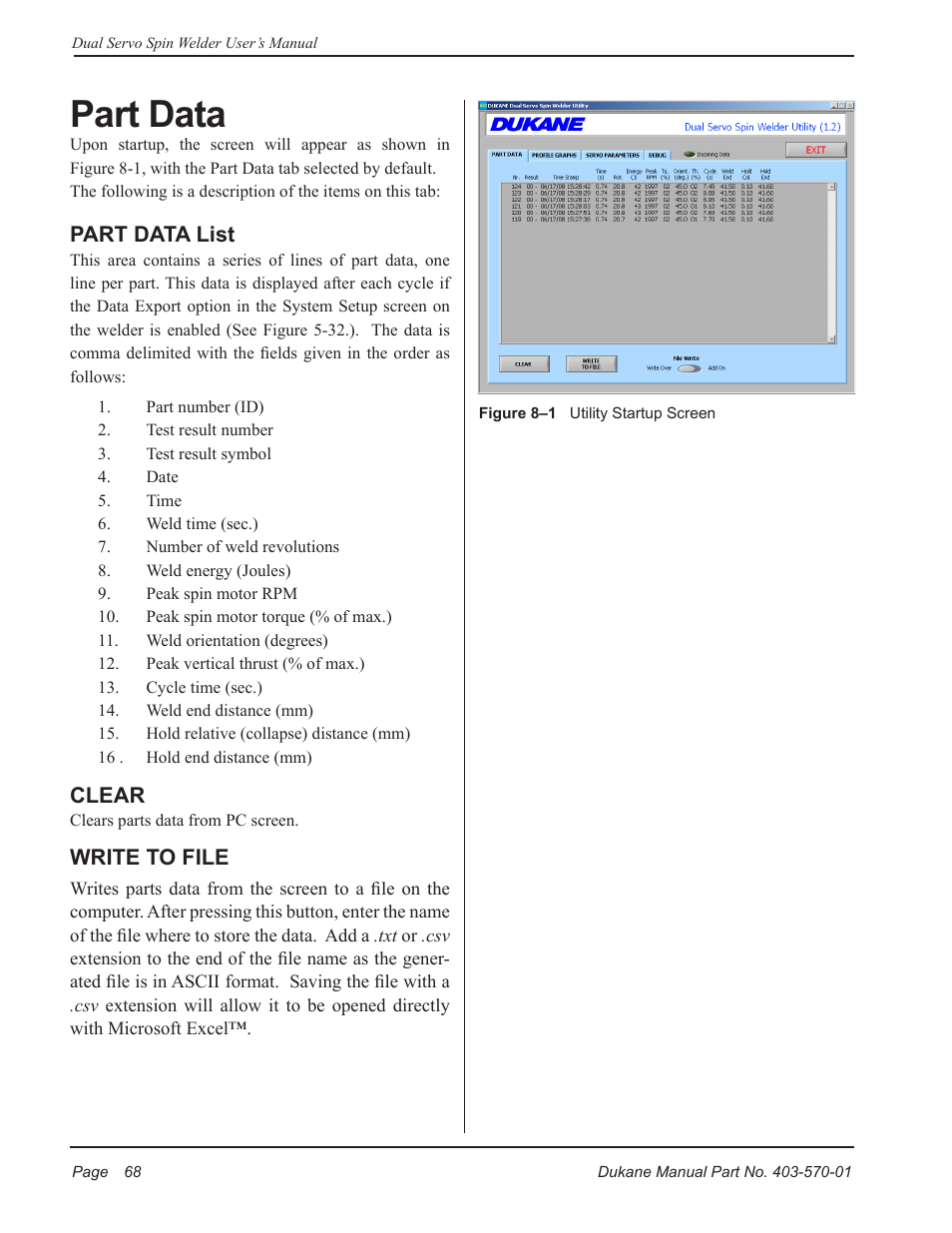Part data, Part data list, Clear | Write to file | Dukane Dual Servo Spin Welder 403570-01 User Manual | Page 74 / 118