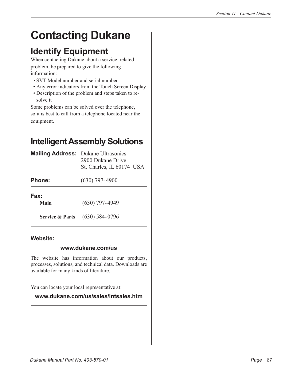 Contacting dukane, Identify equipment, Intelligent assembly solutions | Dukane Dual Servo Spin Welder 403570-01 User Manual | Page 93 / 118