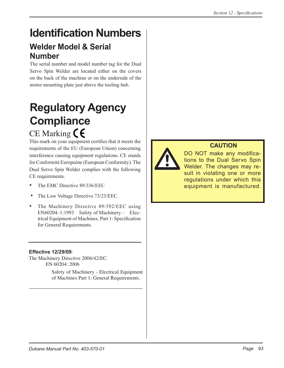 Ce marking, Welder model & serial number | Dukane Dual Servo Spin Welder 403570-01 User Manual | Page 99 / 118