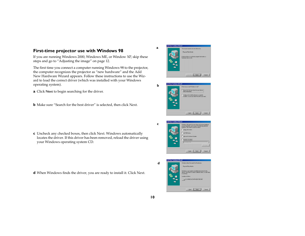 First-time projector use with windows 98 | Dukane 8759 User Manual | Page 10 / 50