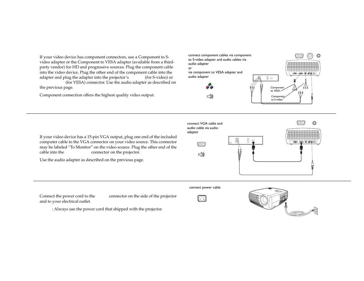 Component video connection, Vga connection | Dukane 28A7100HC User Manual | Page 15 / 47