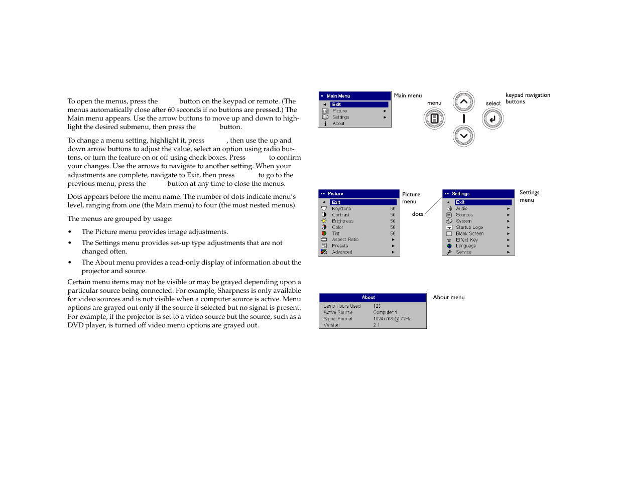 Using the menus | Dukane 28A7100HC User Manual | Page 30 / 47