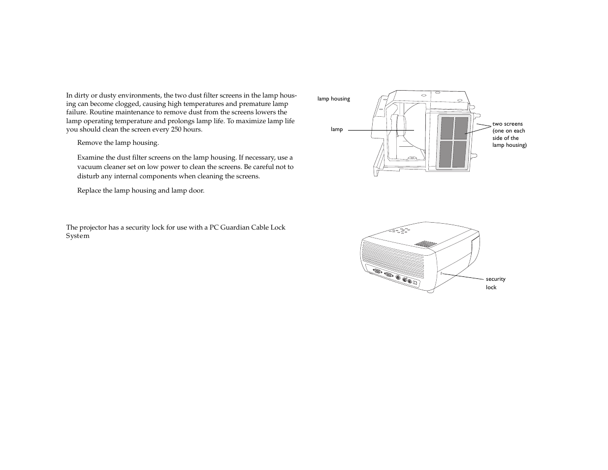 Cleaning the lamp housing screens, Using the security lock | Dukane 28A7100HC User Manual | Page 39 / 47