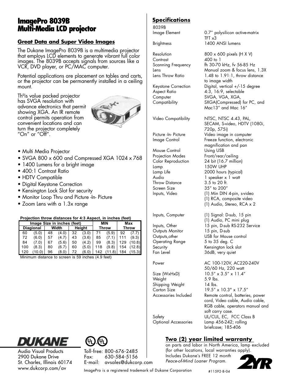 Imagepro 8039b multi-media lcd projector | Dukane ImagePro 8039B User Manual | Page 2 / 2