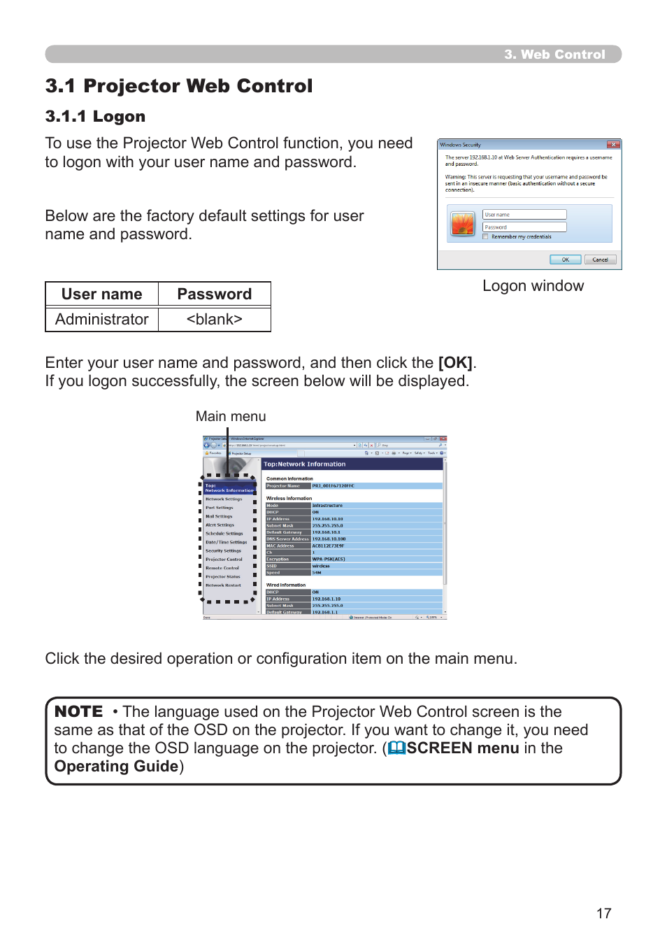1 projector web control | Dukane Projector 8930 User Manual | Page 17 / 70
