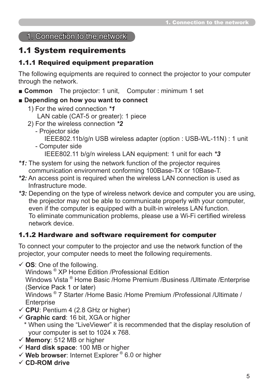 1 system requirements 1. connection to the network | Dukane Projector 8930 User Manual | Page 5 / 70