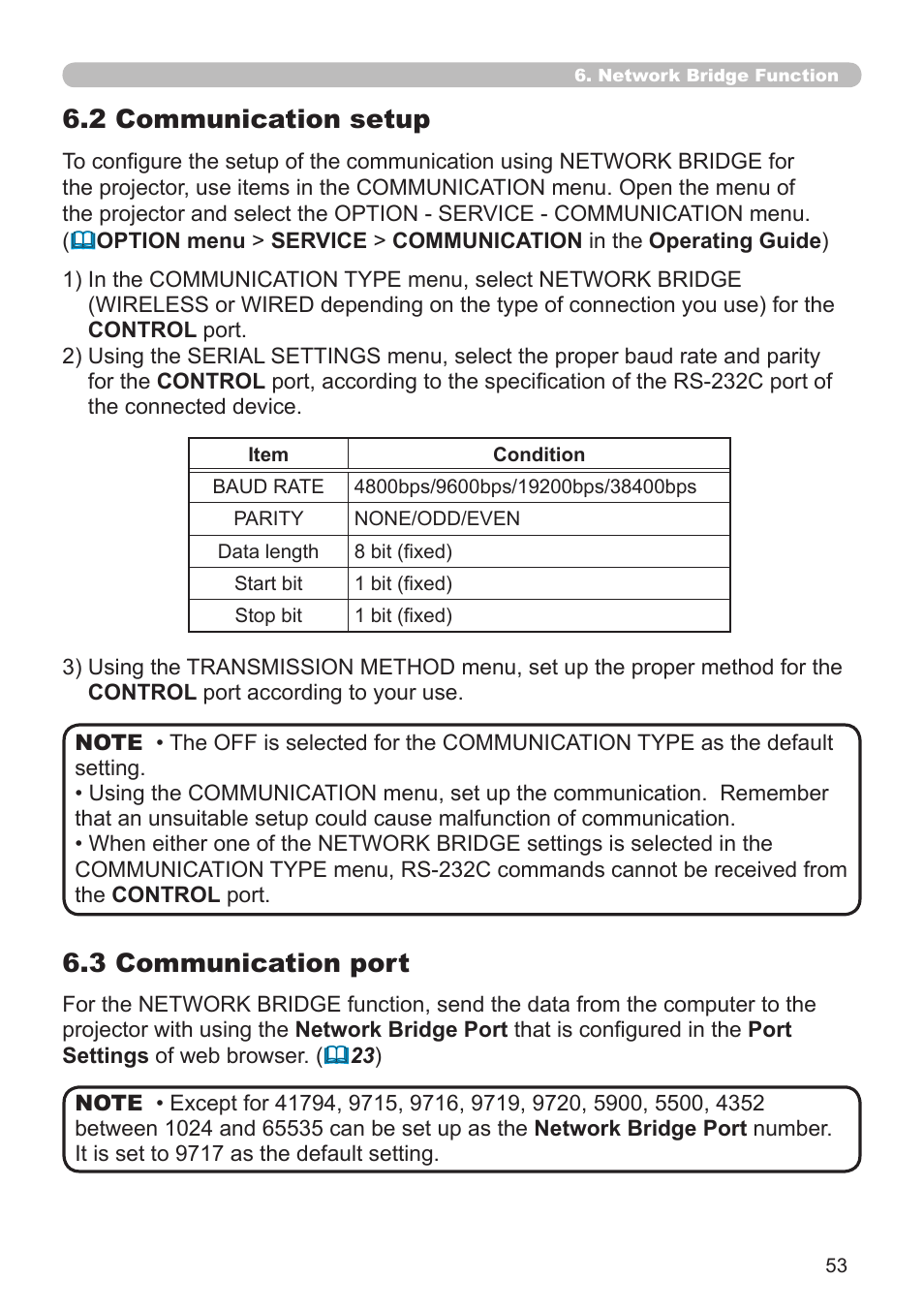 2 communication setup 6.3 communication port | Dukane Projector 8930 User Manual | Page 53 / 70