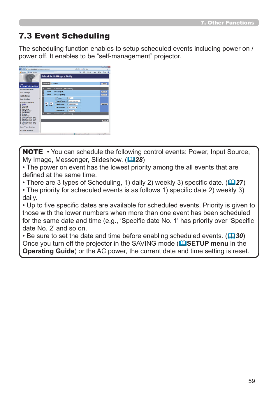 3 event scheduling | Dukane Projector 8930 User Manual | Page 59 / 70