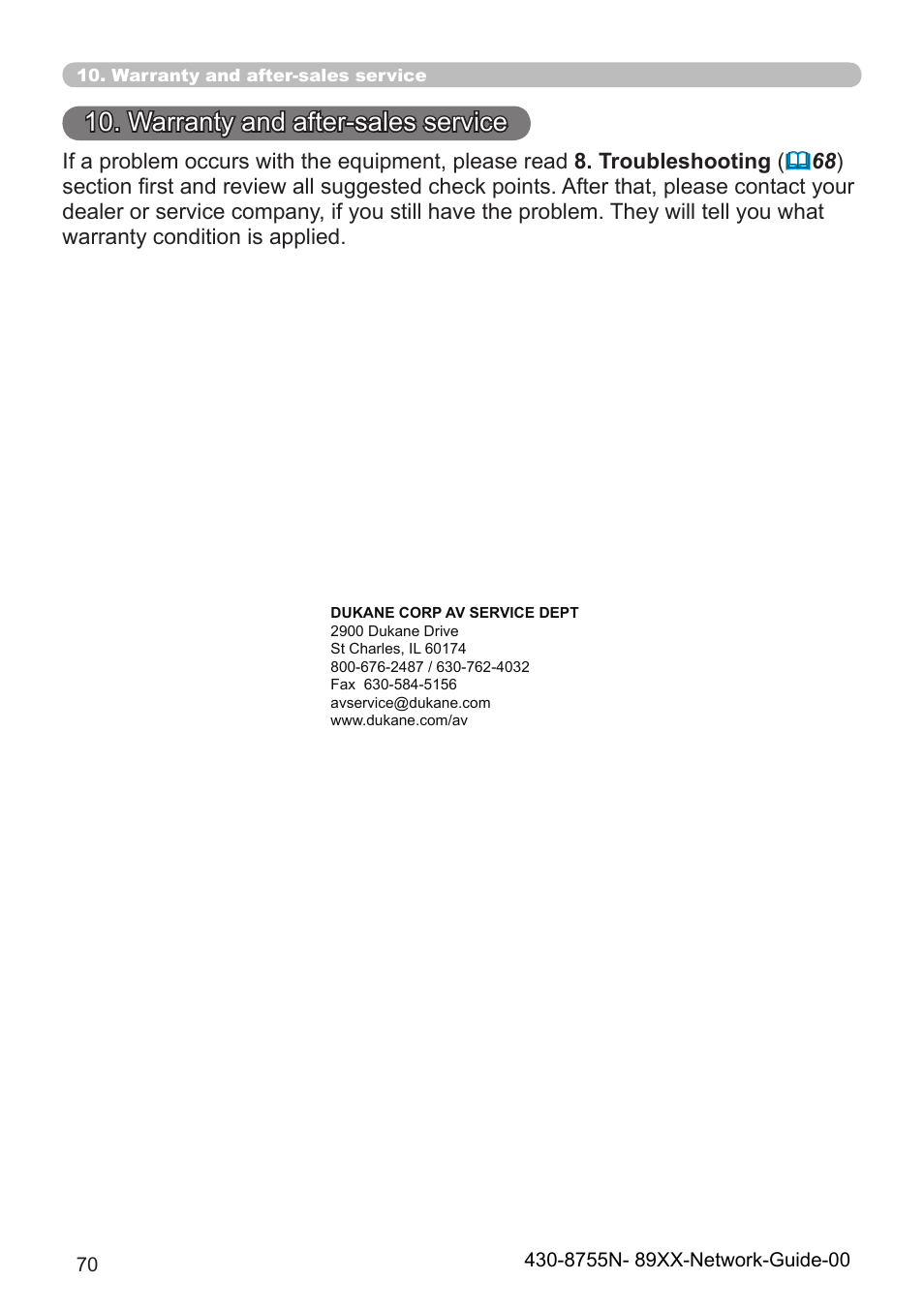 Warranty and after-sales service | Dukane Projector 8930 User Manual | Page 70 / 70