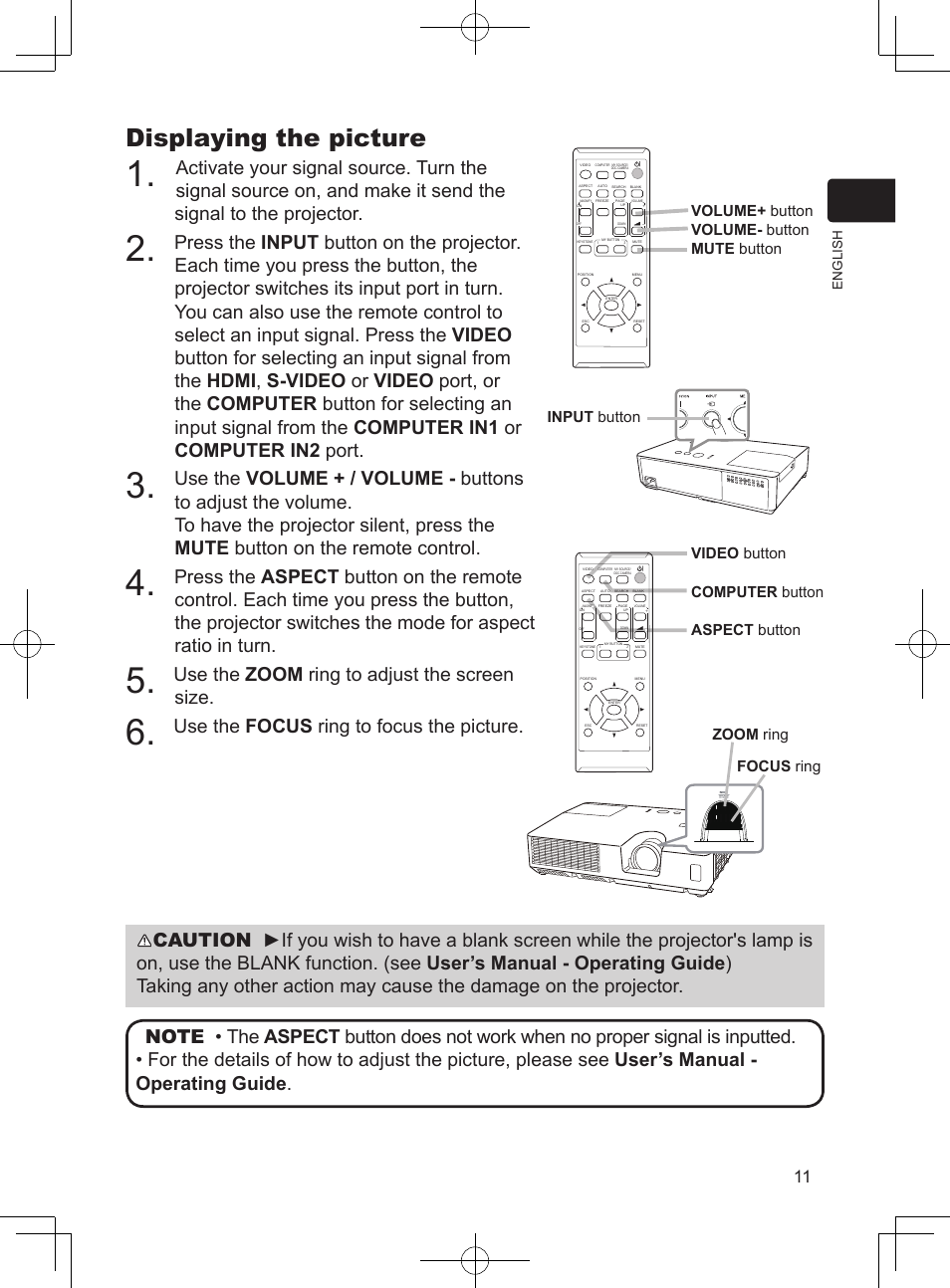 Displaying the picture, Use the zoom ring to adjust the screen size, Use the focus ring to focus the picture | Dukane Projector 8793H User Manual | Page 11 / 22