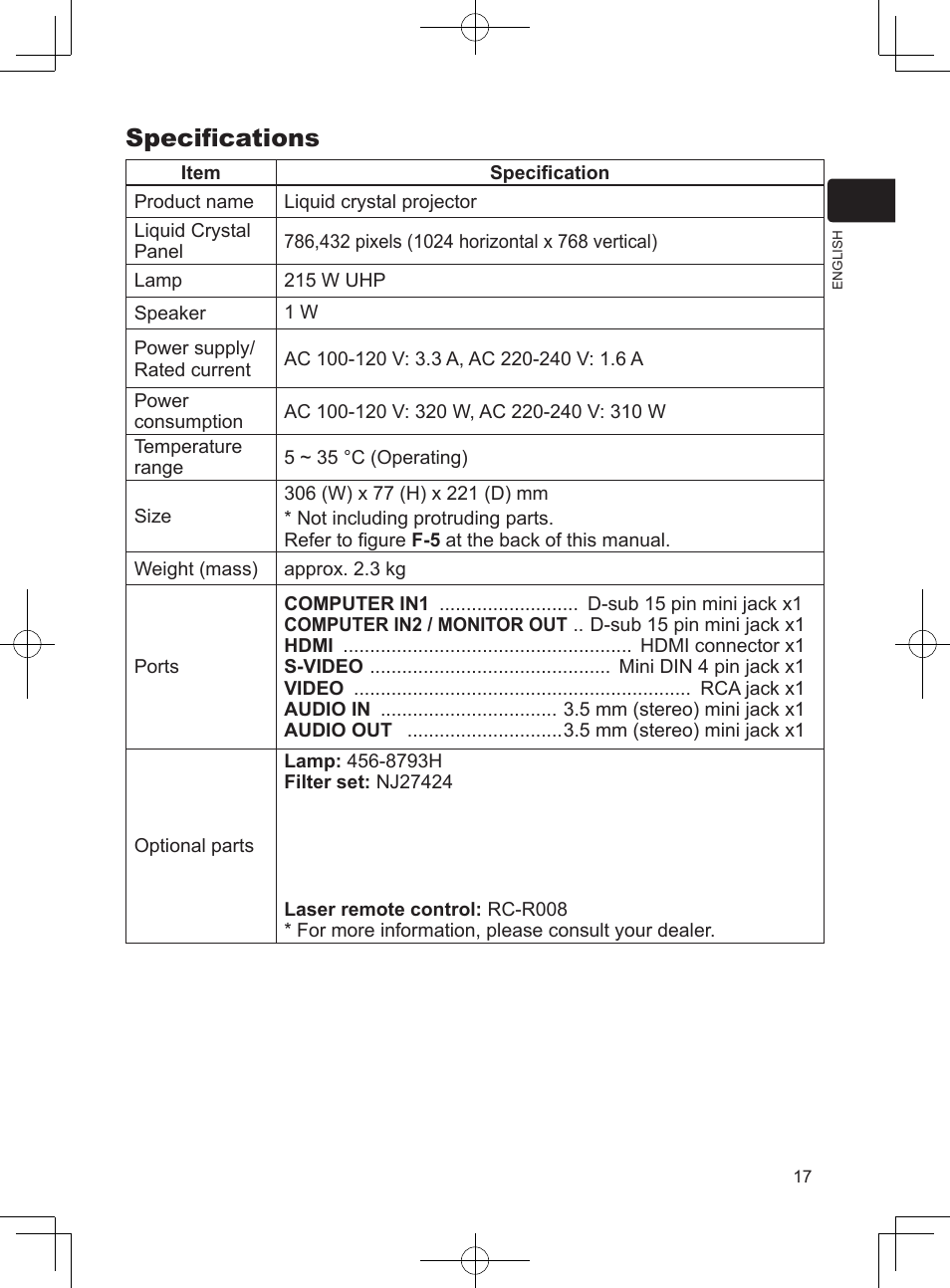 Specifications | Dukane Projector 8793H User Manual | Page 17 / 22