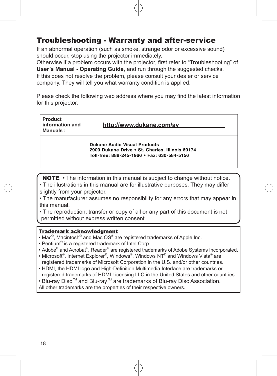 Troubleshooting - warranty and after-service | Dukane Projector 8793H User Manual | Page 18 / 22