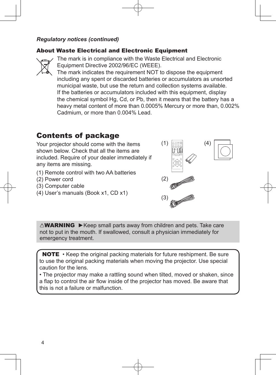 Contents of package | Dukane Projector 8793H User Manual | Page 4 / 22