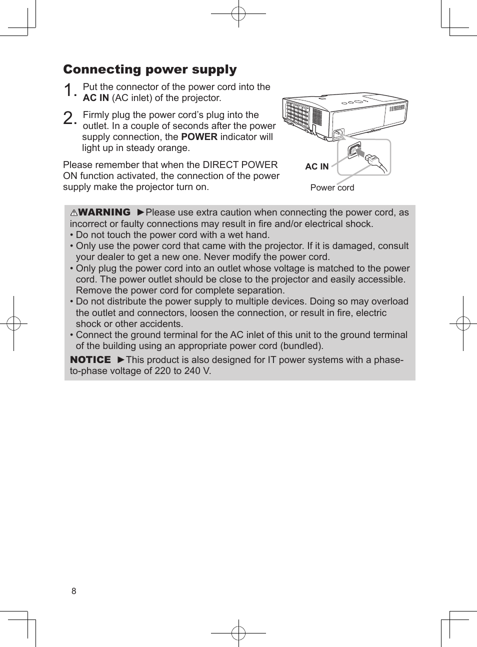 Connecting power supply | Dukane Projector 8793H User Manual | Page 8 / 22