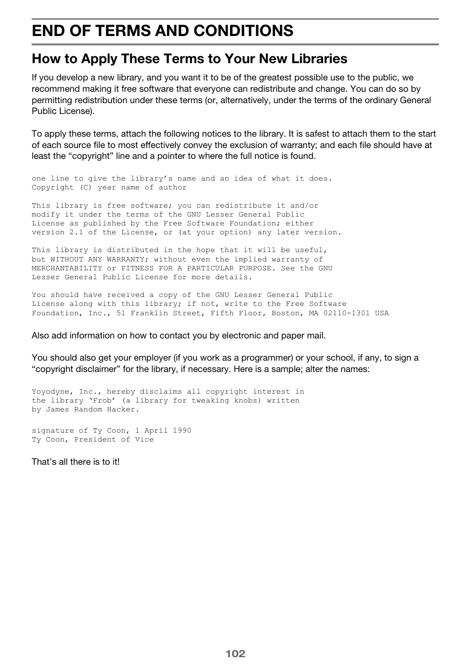 End of terms and conditions, How to apply these terms to your new libraries | Casio XJ-A142 User Guide User Manual | Page 102 / 103