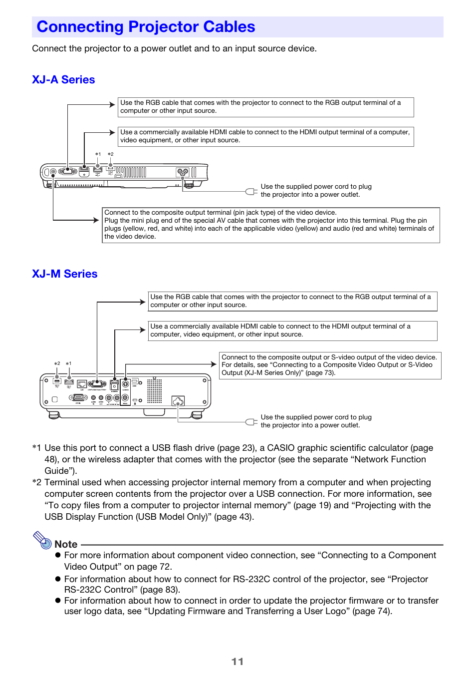 Connecting projector cables, Xj-a series xj-m series | Casio XJ-A142 User Guide User Manual | Page 11 / 103