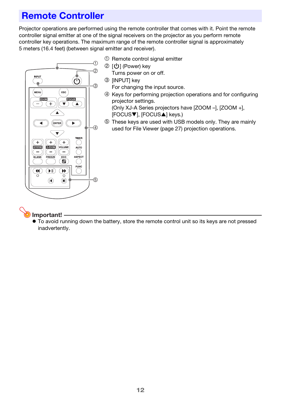 Remote controller | Casio XJ-A142 User Guide User Manual | Page 12 / 103