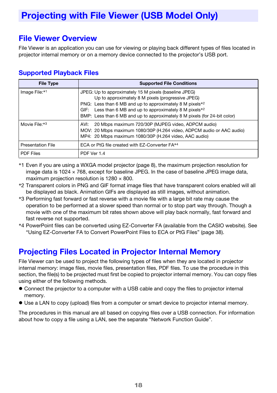 Projecting with file viewer (usb model only), File viewer overview, E 18 | Supported playback files | Casio XJ-A142 User Guide User Manual | Page 18 / 103