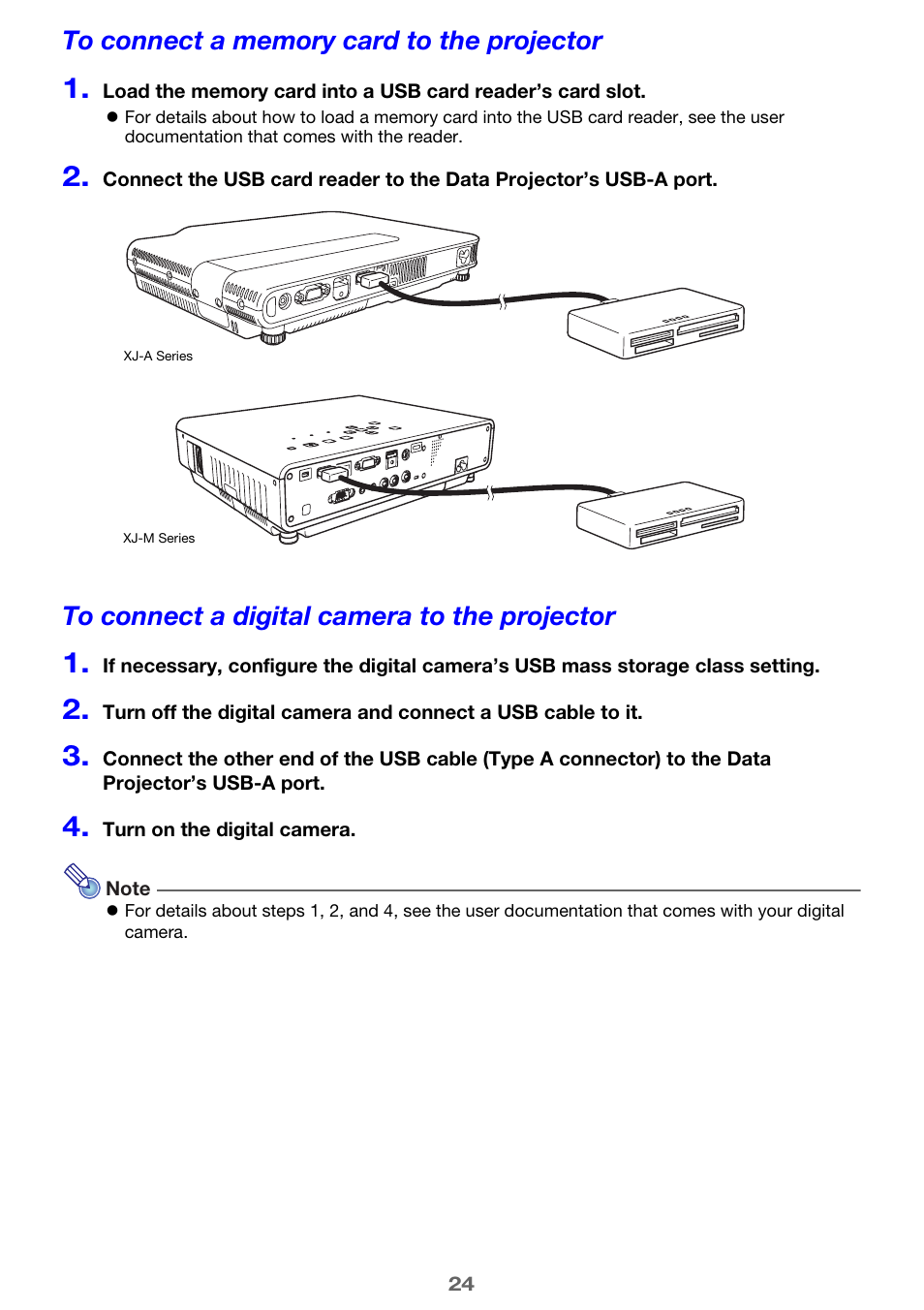 To connect a memory card to the projector, To connect a digital camera to the projector | Casio XJ-A142 User Guide User Manual | Page 24 / 103