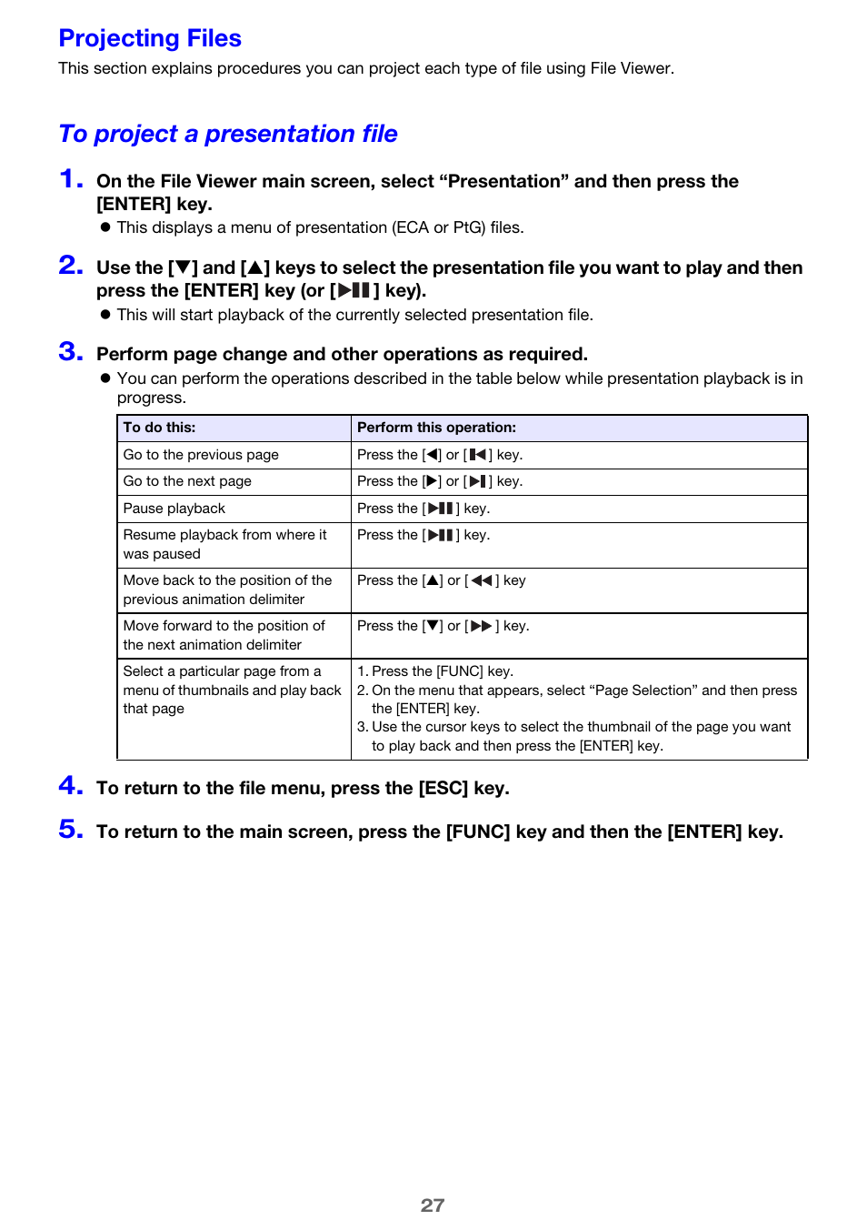 Projecting files, To project a presentation file, E 27 | E 27) | Casio XJ-A142 User Guide User Manual | Page 27 / 103